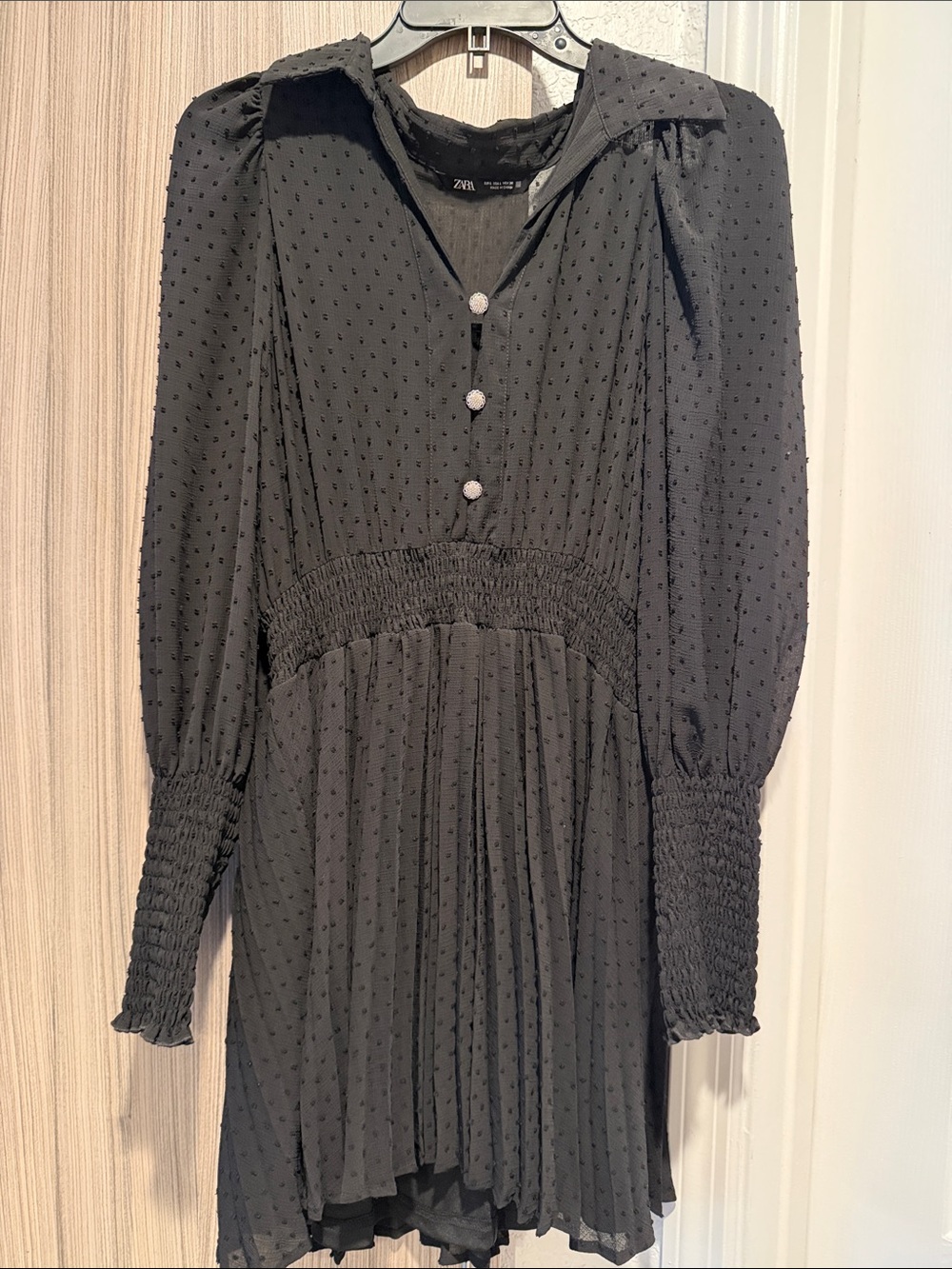 Zara Black Long Sleeve Swiss Dot Smocked Waist Dress